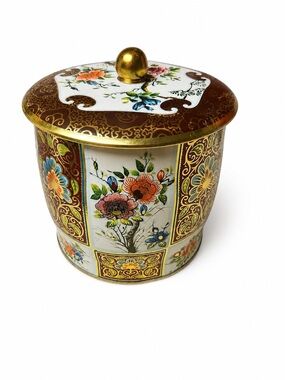 Vintage Made in England Floral Lidded Tin Canister Gold Filigree Cottagecore